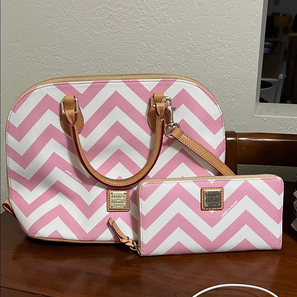 Dooney & Bourke Pink and White Chevron Satchel Set